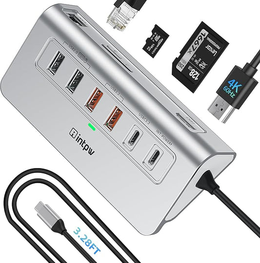USB C Hub Ethernet, 10Gbps USB Docking Station 10-in-1 with 4K@60Hz HDMI, USB C and 2 USB A 3.2 Data, LAN, 2 USB A 2.0, PD 100W, SD/TF Ports, 3.28FT Powered USB Hub for Laptop, PC, iPhone 16/15, Mac