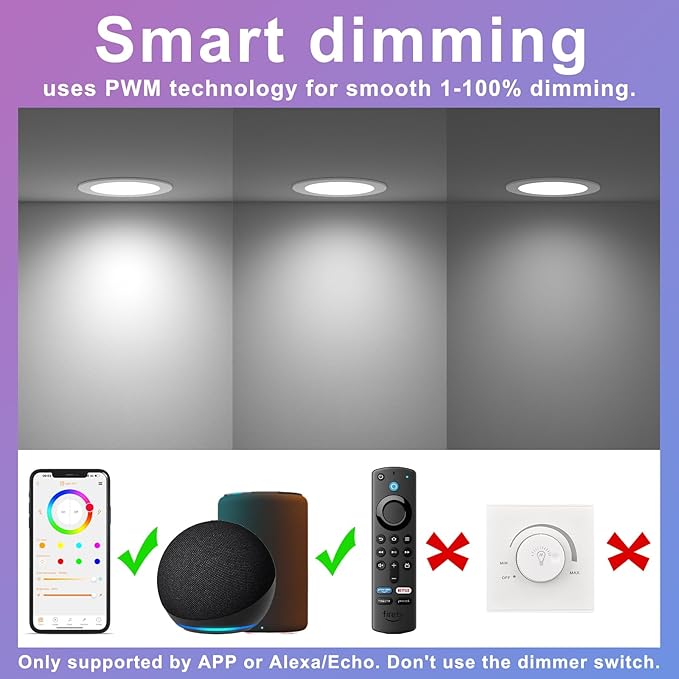 Smart Recessed Lighting 4 Inch RGBCW Color Changing 12W LED Downlight with Junction Box,1080 Lumen Recessed Ceiling Light Compatible with Alexa,Dimmable by Bluetooth Control -6Pack