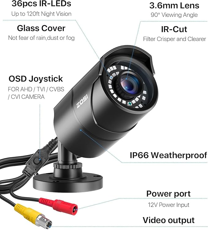 ZOSI 1080P 1920TVL Security Camera Outdoor Indoor,Hybrid 4-in-1 TVI/CVI/AHD/960H CVBS Bullet Cam for Analog Home Office Surveillance DVR CCTV System,IP67 Weatherproof,120ft IR Night Vision,Black