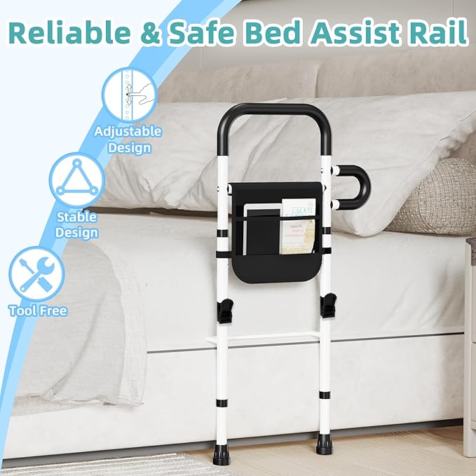 Bed Rails for Elderly Adults Safety with Motion Sensor LED Light - Adjustable Bed Assist Rails for Full Size, Portable Bed Cane for Seniors with Storage Pocket, Hold Up to 300 Lbs