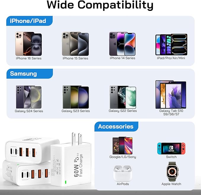 3Pack USB C Fast Charger Block, 60W 5-Port USB C Wall Charger 30W Type C Charging Block, 2USB C+3USB A PPS/PD 3.0 Multiport Charging Cube for iPhone 16 15 14 13 Pro Max,for Galaxy S25 S24 Ultra, i Pad