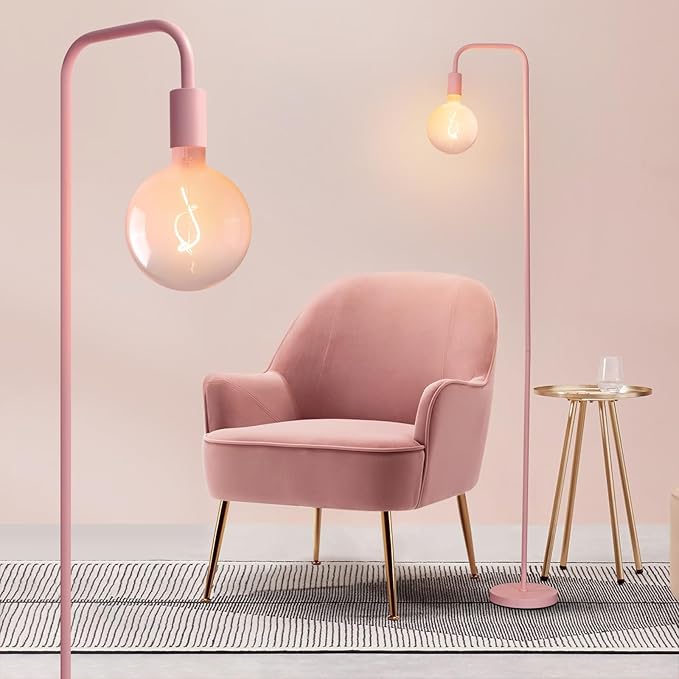 ONEWISH Pink Floor Lamp for Bedroom, Cute Standing Lamp with LED Bulb, Translucent Pink Globe Glass 2700k Warm Lighting. Globe Floor Lamp for Livingroom, Bedroom,Office