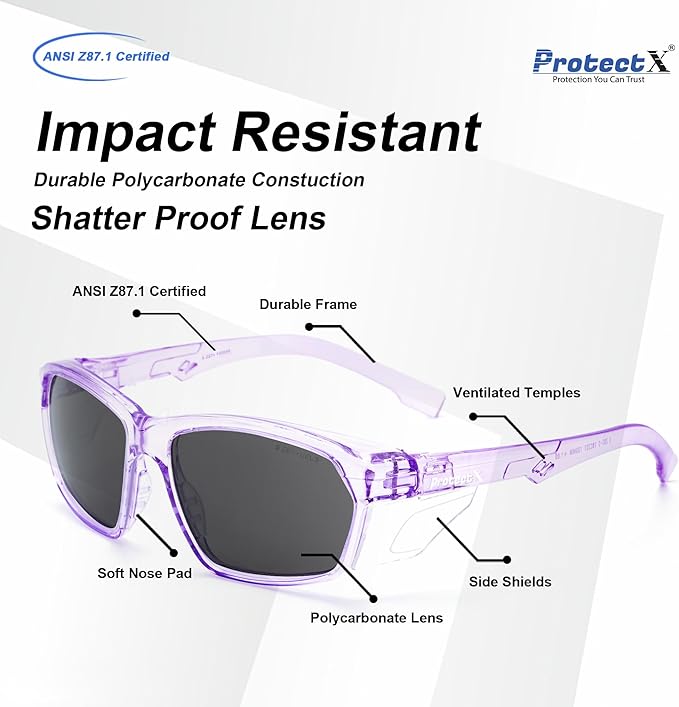ProtectX Stylish Anti-Fog & Scratch-Resistant Safety Glasses With Readers, UV Protection Goggles, Anti-Impact Lightweight Glasses for Men＆Women Lilac Tinted Smoke