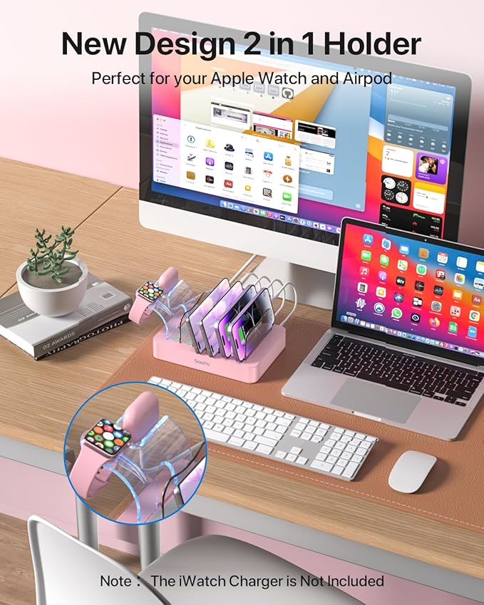 SooPii Premium 6-Port USB Charging Station Organizer for Multiple Devices, 6 Short Charging Cables and One Upgraded i-Watch Charger Holder Included, for Phones,Tablets and Other Electronics, Pink