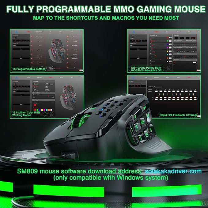 SOLAKAKA SM809 Wired MMO Gaming Mouse, with 9 Side Buttons RGB Mouse, 24000 DPI High-Precision Optical Sensor, Ergonomic Mice, 16 Programmable Macro Shortcuts/Remapping PC Gaming Mouse for FPS Games