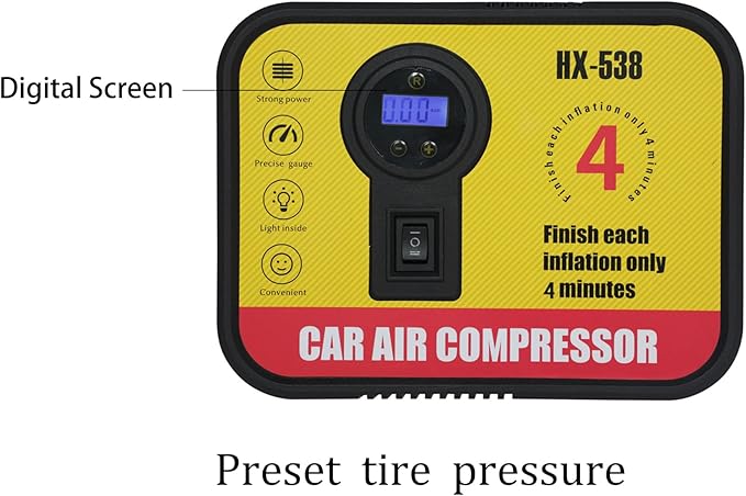Portable Tire Inflator Air Compressor Pump Pressure with Digital Screen and LED Light Vent ，Preset tire pressure for Car Motorcycle Bike Ball DC 12V Fast Inflation