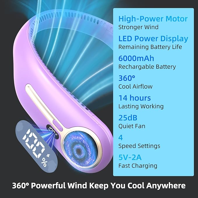 Portable Neck Fan,Hands Free Personal Wearable Bladeless Fan,6000mAh USB Rechargeable,360° Cooling,LED Display,4-Speeds,Birthday Gifts for Men Women Dad Mom,Outdoor Indoor Travel Camping (Purple)