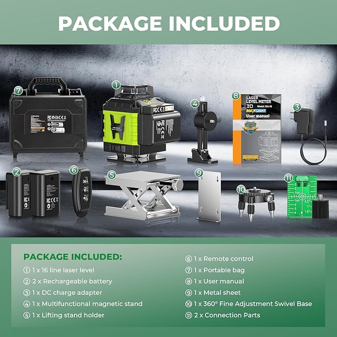 16 Line Laser Level 360 Self Leveling, 4x360°Professional 4D Green Cross Line laser Level with 2 Batteries, Adjustable Brightness & Remote Control, for Tiling Floor Construction and Picture Hanging