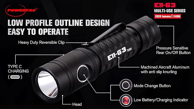 PowerTac E11-G3 2020 Lumen Rechargeable Flashlight, Type-C Charging, IPX8 Waterproof, 6 Modes, Reversible Steel Pocket Clip, Auto Memorization, 2020 Lumens, EDC LED Flashlights for Everyday Carry