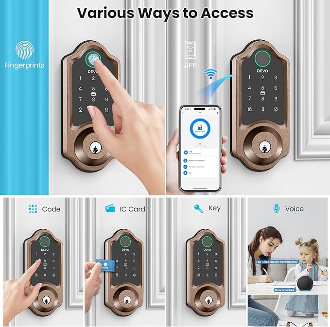 DEVO G8 Fingerprint Smart Lock, Keyless Entry Door Lock with Doorbell, Built-in Wi-Fi Deadbolt, Smart Door Lock for Front, APP Remote, Auto-Locks,Easy Install, IP54 Waterproof