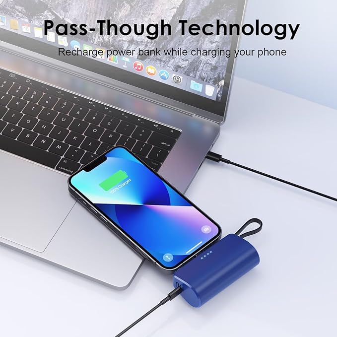 Mini Portable Charger for iPhone with Built-in Type-C Cable, 5200mAh Ultra-Compact Power Bank, PD 20W Fast Charging Battery Pack Phone Charger for iPhone 16/15/14/13, Samsung, Google, Android (Blue)