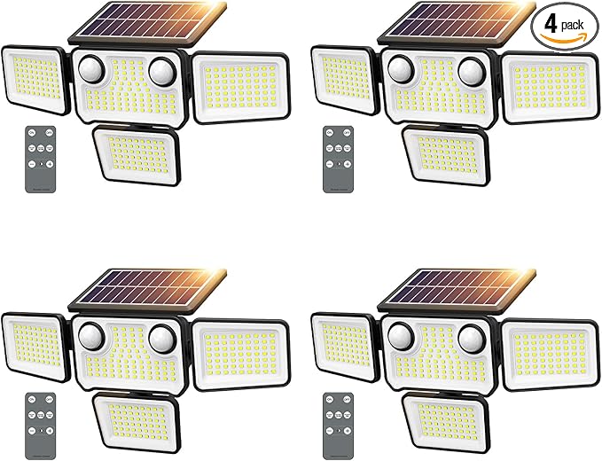 4500LM Solar Lights Outdoor Waterproof, 254 LED Solar Flood Lights Outdoor with 2 Motion Sensor, 4 Heads Security Light with Remote Control for Yard Outside House Garage 4 Pack