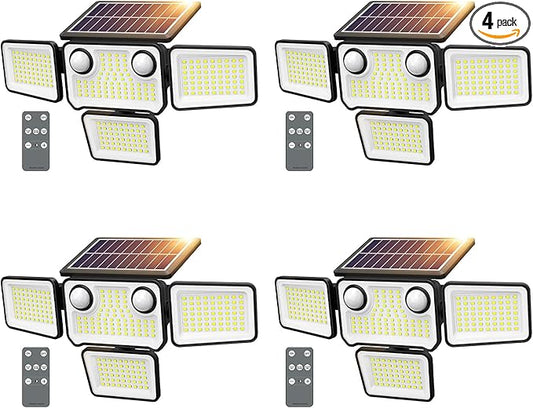 4500LM Solar Lights Outdoor Waterproof, 254 LED Solar Flood Lights Outdoor with 2 Motion Sensor, 4 Heads Security Light with Remote Control for Yard Outside House Garage 4 Pack