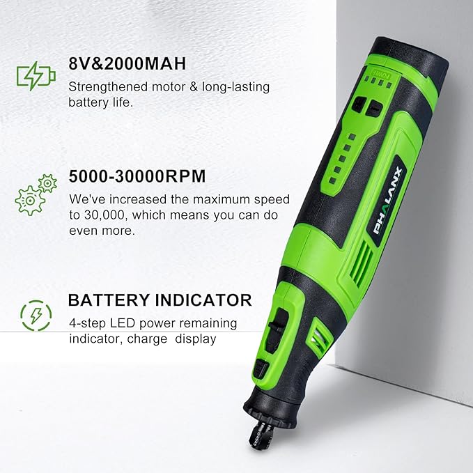 PHALANX 8V Cordless Rotary Tool Kit, 2.0 Ah Battery Rechargeable Rotary Tool with 73pcs Accessories, 5-Speed LED Light, Idea for Sanding, Carving, Polishing, Engraving, Wood Carving, Pet Grooming