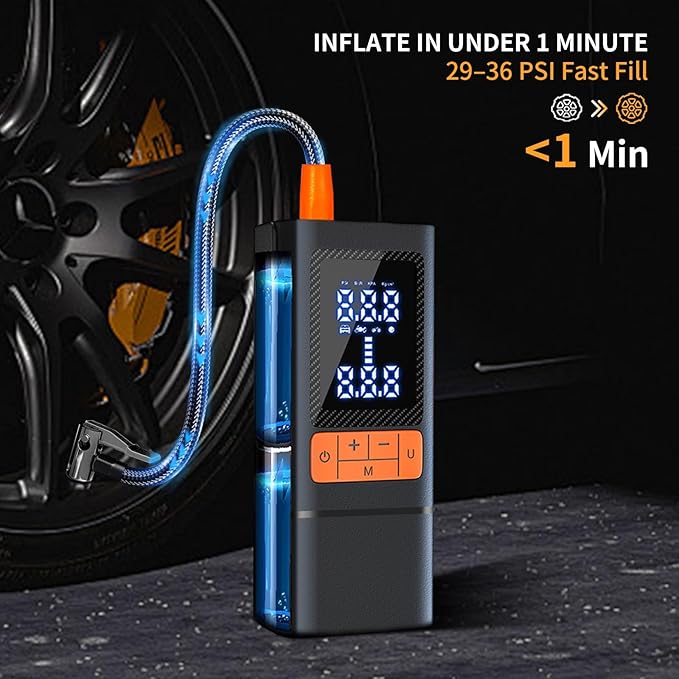 Tire Inflator, Portable Air Compressor for Car with Touch Screen, 150PSI Cordless, Fast Inflation (0-2.5BAR in 10min), Power Bank & LED Light, Auto Shut Off for Bike, Motorcycle, Ball