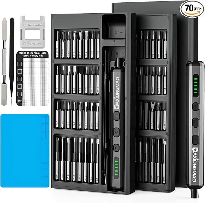 70-in-1 Cordless Electric Screwdriver Set with 64 S2 Steel Bits: 3.7V USB-C Rechargeable, 5 Torque Settings & 4 LED Lights, Mini Repair Kit for PC, RC Electronics, Phones, Laptops, Glasses, Clocks