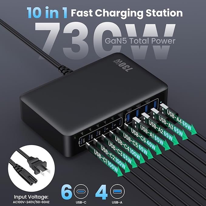 730W USB C Charger Block,10-Ports GaN V Fast Charging Station Hub,QC4.0+3 PD 100W Laptop Charger Wall Power Adapter for MacBook Pro/Air,DELL,iPhone 16/15/14/13,iPad,Galaxy S25,Pixel,Steam Desk-Black
