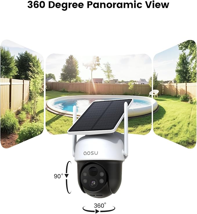 AOSU Solar Camera Security Outdoor - 100% Wire-Free Security Cameras Wireless Outdoor for Home Surveillance with Fixed Solar Panel, 360° Panoramic View, Human Auto Tracking, 2K Color Night Vision