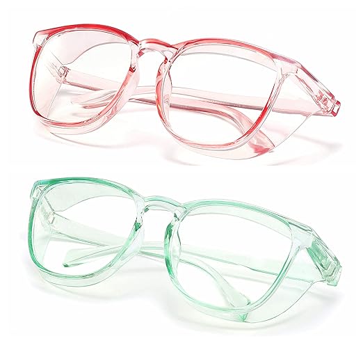 Alsenor Safety Glasses Anti Fog Goggles Protective Eyewear Blue Light Blocking Anti Dust UV Protection Glasses For Men Women (2 Pack (Pink + Jade))