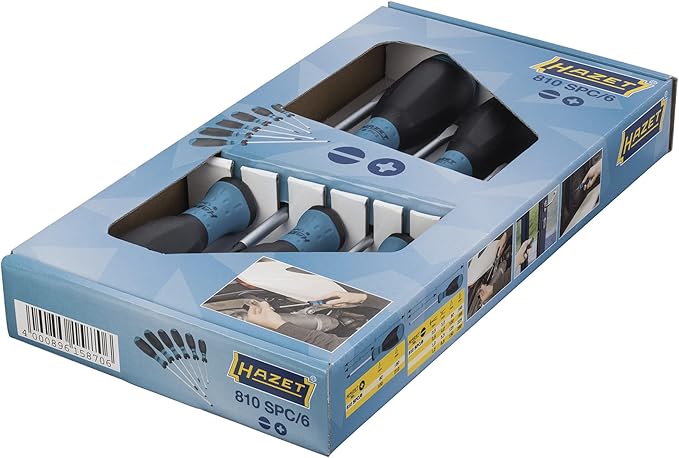 HAZET Screwdriver Set 810SPC/6 I 6-Piece Set with Non-Slip 3-Component Handle for High Force Transmission I Matt Chrome-Plated Surface, 4x Slotted Profile, 2x Phillips Profile