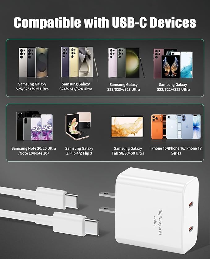 2Port 45W Fast Charger USB C for iPhone 17 16 15 Pro Max Plus,Type C i-Phone Charger Fast Charging Block with 6FT/10FT Type C Cord for iPhone 17 Air, iPhone 16 15,iPadPro,Samsung Galaxy S25+ Plus/S24+