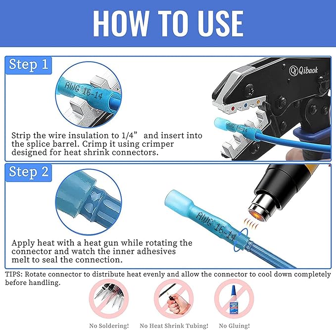 Qibaok Crimping Tool Ratcheting Wire Crimper for Heat Shrink Connectors with 200pcs Heat Shrink Butt Connectors for AWG 20-10