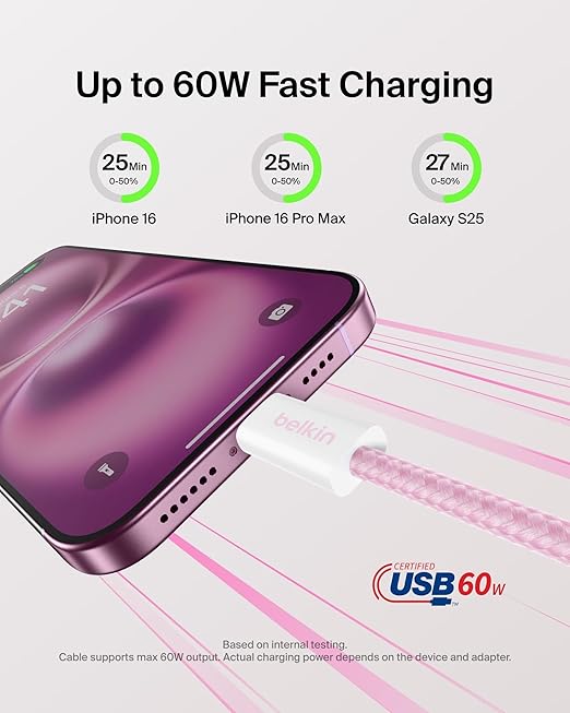 Belkin USB C to USB C Cable 2-Pack, 3.3ft, 60W - Type C Charger, iPhone Charger Cord, Soft, Braided, Flexible for iPhone 16, Galaxy S25, Pixel 9, Airpods, iPad Pro & More, Travel Essentials - Pink