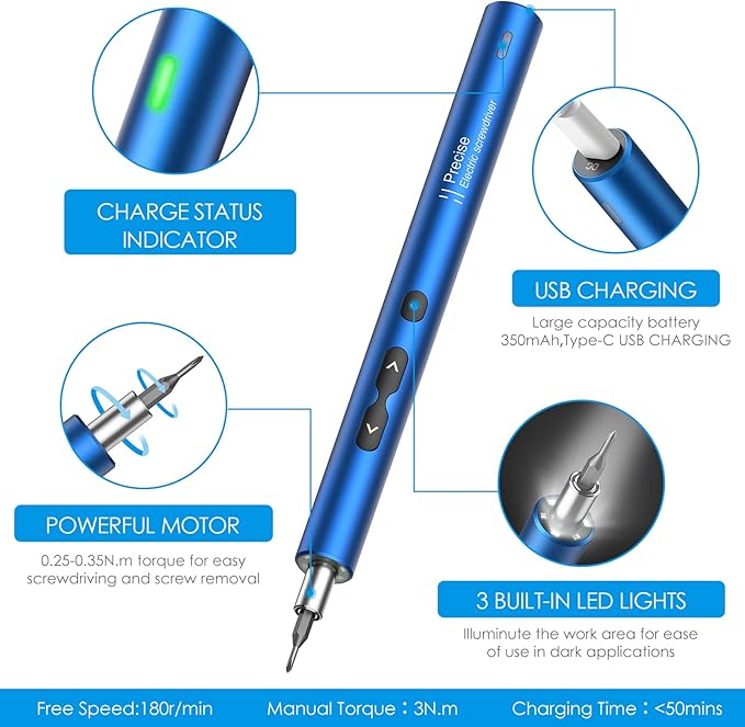 AMIR Electric Screwdriver for PC Building, 28 IN 1 Small Power Automatic Screwdriver Set with 24 Bits, Rechargeable Portable Magnetic Repair Tool Kit with LED Lights for Laptops, Watches, Blue