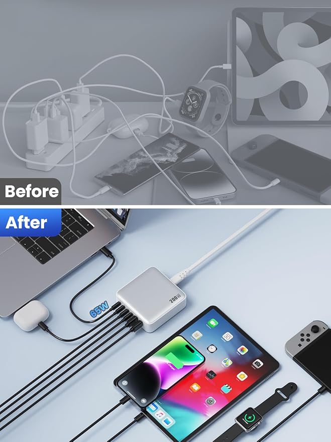 USB C Charger Block Charging Station 200W,Upgraded GaN IV 6-in-1 USB C Charger Fast Charging Hub,PD 65W Laptop Desktop Charging Adapter Compatible with MacBook/iPad, DELL,iPhone 16/15,Android etc