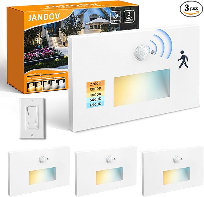 Stair Lights Motion Sensor Indoor Outdoor, 5CCT Dimmable LED Step Lamp with Switch, 4W 300LM, 2700K-6500K, IP66 Waterproof Hardwired 120V Stairway Staircase Walkway Lighting- White, 3 Pack, ETL