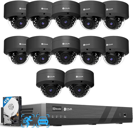4COVR 16 Channel PoE Business Security Camera System, 12x 5MP IK10 Vandal-Proof Dome IP Cameras, IP67 Weatherproof, Human/Vehicle Detection, 4K NVR with 4TB HDD, Outdoor Surveillance, LY54AB5M1612-1