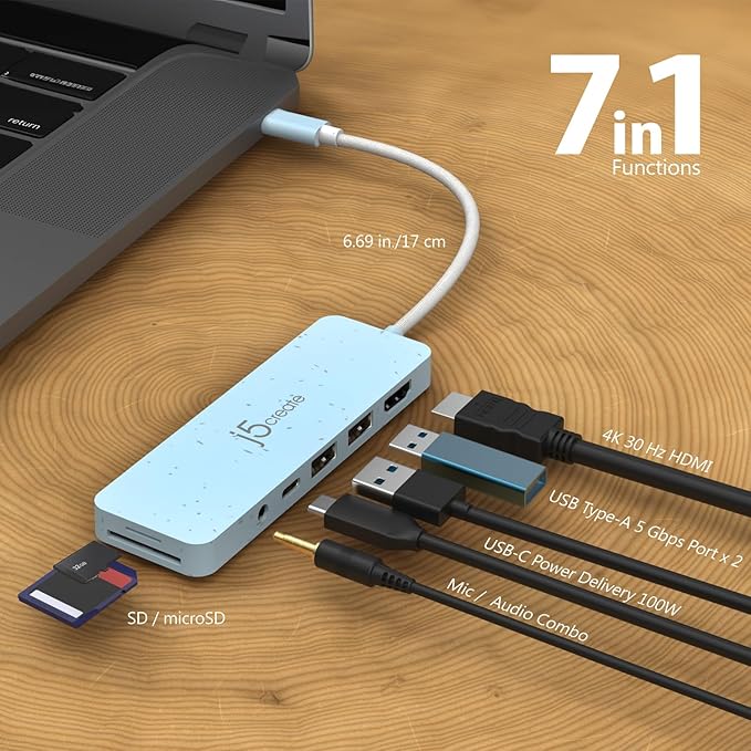 j5create USB-C Multi-Port Hub with Power Delivery with 4K HDMI/2 USB-A 5Gbps/PD 100W Charging SD&Micro SD/3.5mm Audio | for MacBook Pro&Air/iPad Pro/iMac/Surface/XPS/Thinkpad/Galaxy/and More(JCD373EC)
