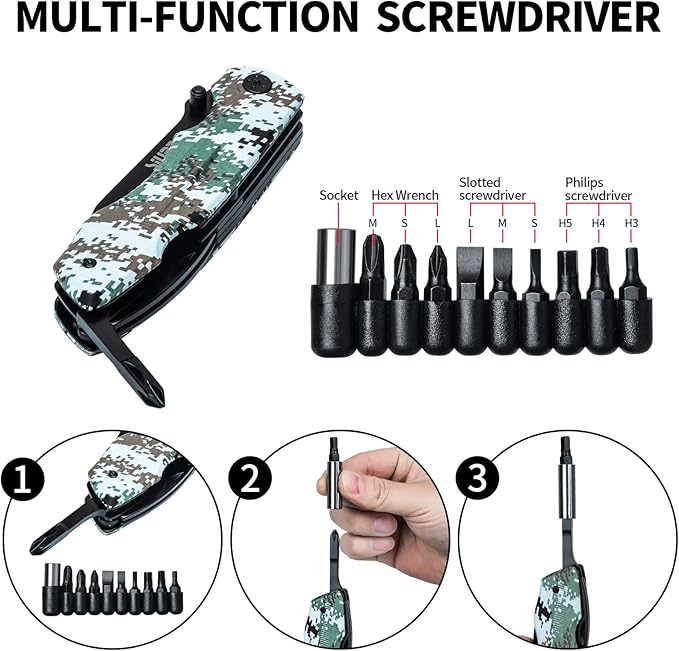 Multitool Pocket Knife Set for Men, Multipurpose 9-in-1 screwdriver kit, Multi Tool Pliers for Camping, Survival with Nylon Sheath, Gifts Idea, Camo
