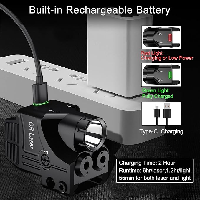 Red Green Purple Blue Laser Light Combo, 800 Lumens Tactical Flashlight Laser Sight, Built-in USB Rechargeable Battery, Adjustable Compact Tactical LED Light Laser Beams for Handguns with a Rail