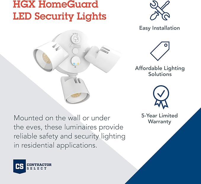 Lithonia Lighting HomeGuard 3-Light LED Outdoor Flood Lights, Outdoor LED Lights, Dusk to Dawn Sensor, Adjustable Lumens, Selectable Color, Round Heads, White (HGX LED 3RH ALO SWW2 120 PE WH M2)