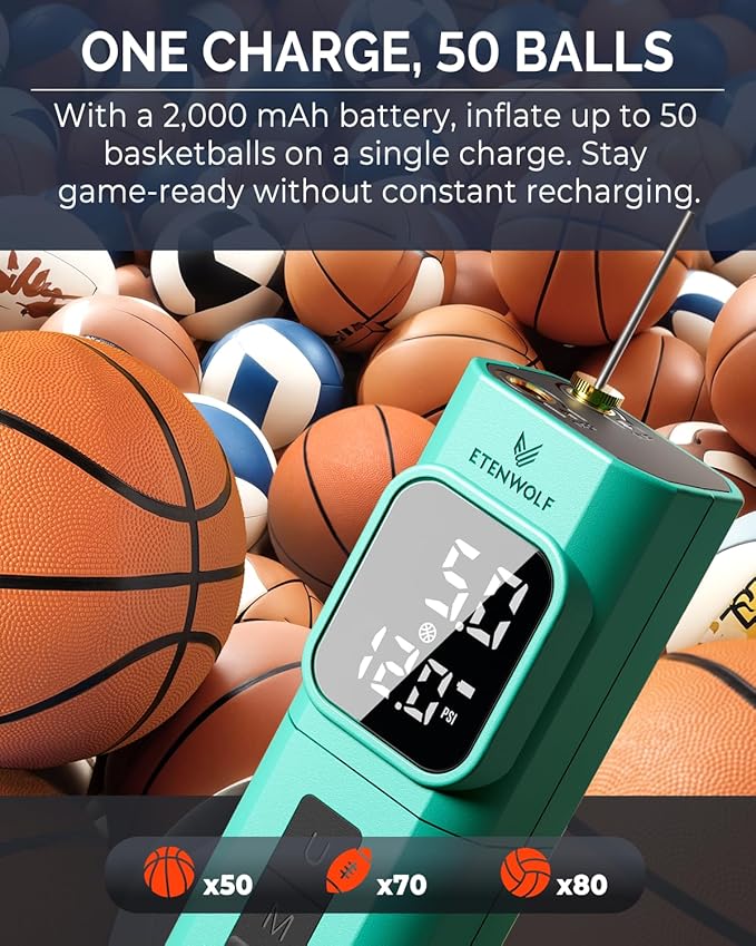 ETENWOLF P200 Electric Ball Pump 2000mAh Sports Air Pump with Digital Pressure Gauge for Basketball Soccer Volleyball
