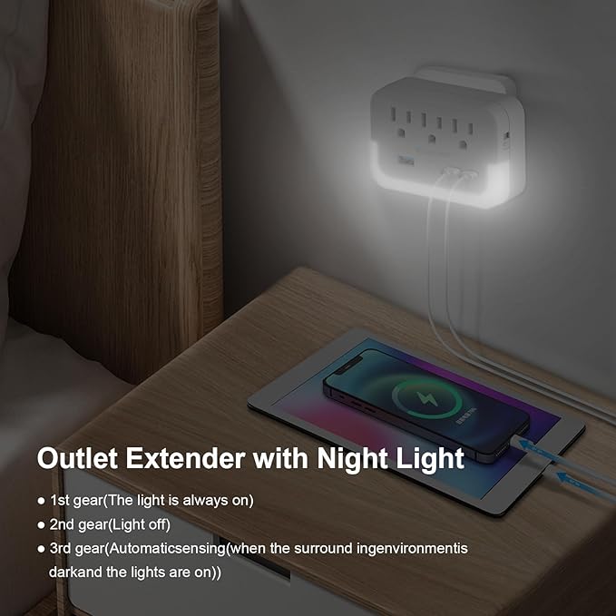 Portable Outlet Extender with Light Sensor lamp,Power Strip with 3 Outlet and 3 USB Ports(2 USB-C Ports && 1 USB-A Port Total 15.5W/3.1A).Multi Plug Wall Outlet for Home Travel Office-White