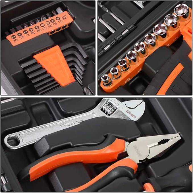 DNA MOTORING TOOLS-00020 Orange 46 Pcs 18V Cordless Power Drill Driver Bit Set w/Charger+Screwdrivers+Pliers Home Repair Kit