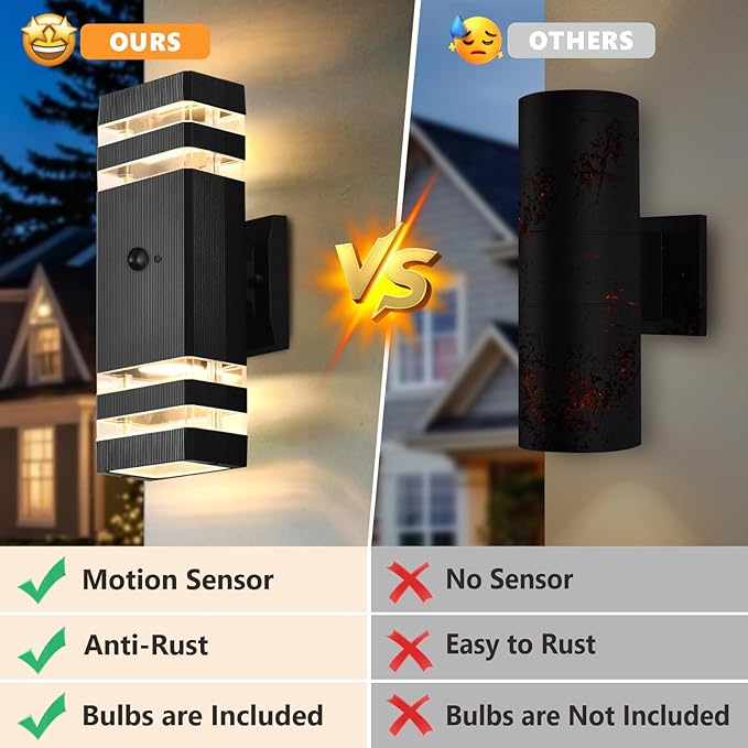 DASTOR Motion Sensor Outdoor Wall Lights 2 Pack, Dusk to Dawn Outdoor Lighting, 2-Layer Exterior Porch Light Fixtures, Up and Down Outside Lights for House Garage