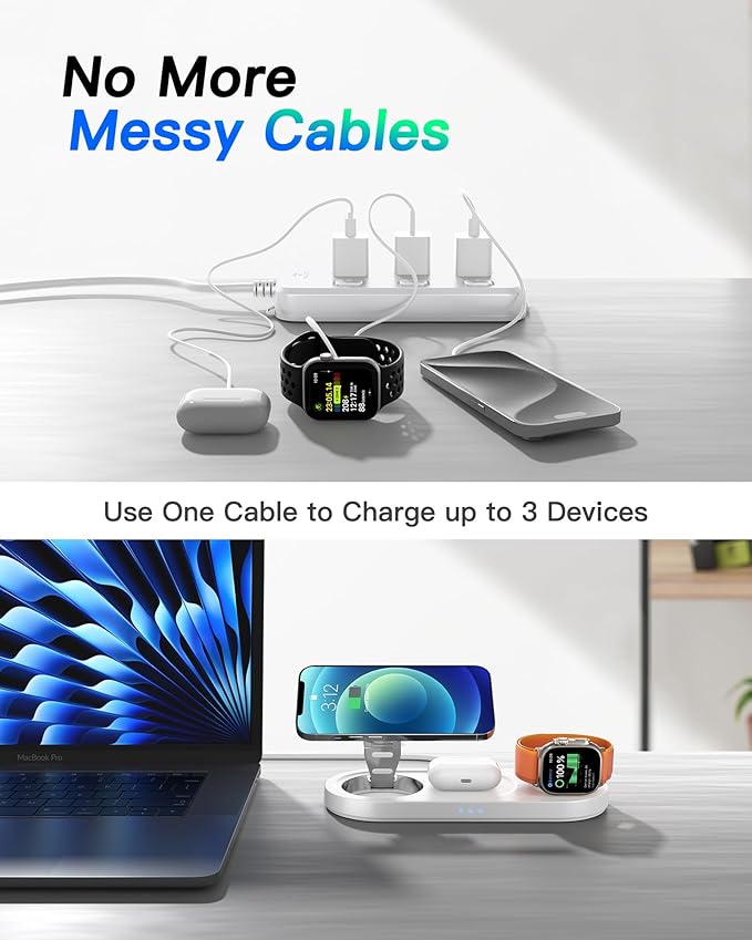 Upgraded 3 in 1 Wireless Charging Station for Apple Devices, Faster Mag-Safe Charger Stand, Magnetic Charger Station for iPhone 17/16/15/14/13/12 Series & AirPods Pro & Apple Watch Series (White)