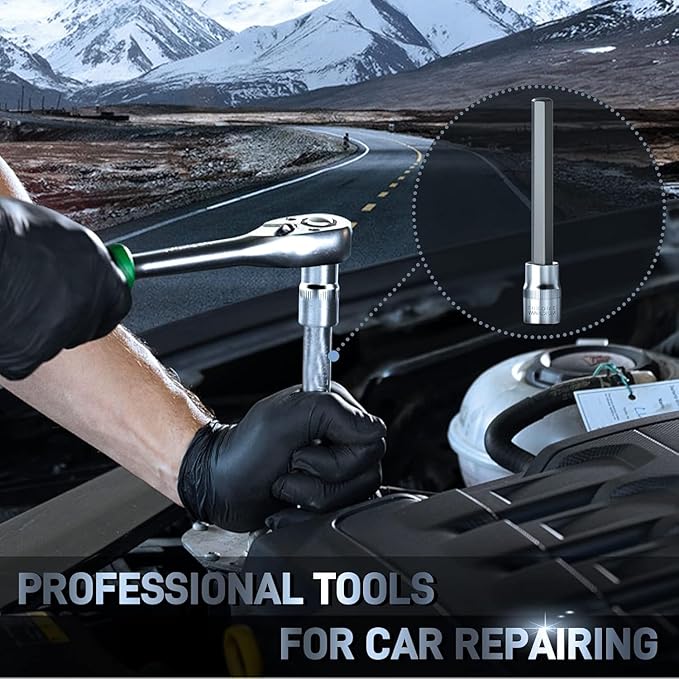 7 Pieces 3/8" Drive Extra Long Allen Wrench Hex Bit Socket Set with Portable Storage Case, Hex Head Metric 3-10mm, Chrome Vanadium Steel & S2 Alloy Steel