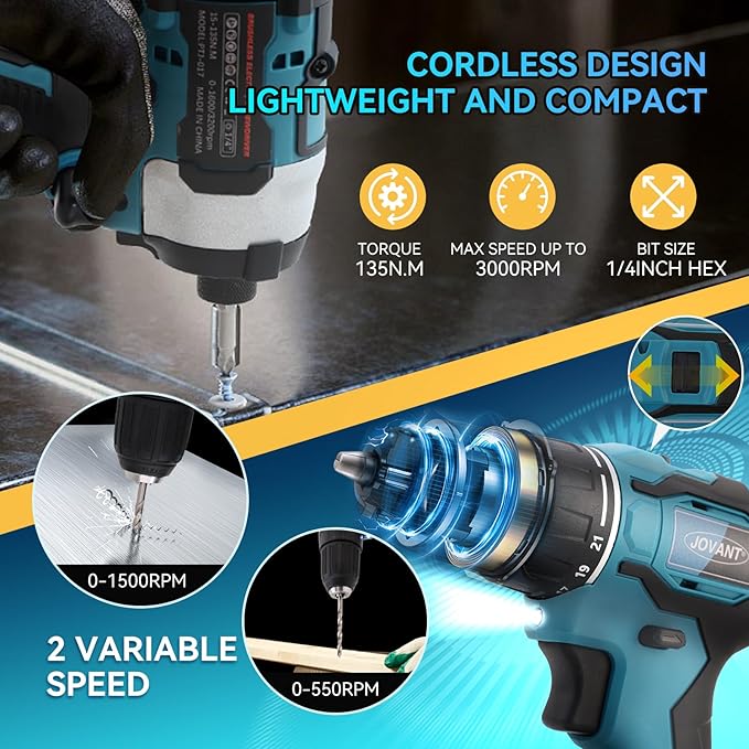 Cordless Drill and Impact Driver, Electric Drill and Impact Driver Combo Kit with 3/8-inch Electric Drill and 1/4-inch Impact Driver with 2 2A Batteries and 1 2.4A Charger