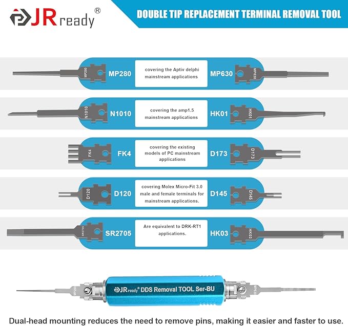 JRready ST5348 10PCS Pin Extractor Tool Kit, Double Tip Replacement Universal Automotive/Computer Repair Terminal Release Tool Kit, Suitable for AMP/Metri Pack/Molex/Deutsch DT DTM DTP Connector