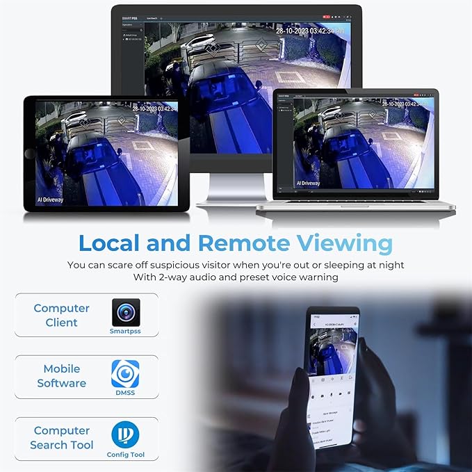 UltraHD 8MP Outdoor IP POE Camera, DMSS APP, 4K @30fps, TiOC Active Deterrent, 98ft Dual IR Color Vision F1.0, Indoor Network Camera, SMD4.0, 2-Way Audio, Vehicle & Human Detection, IVS, IP67, AI SSA