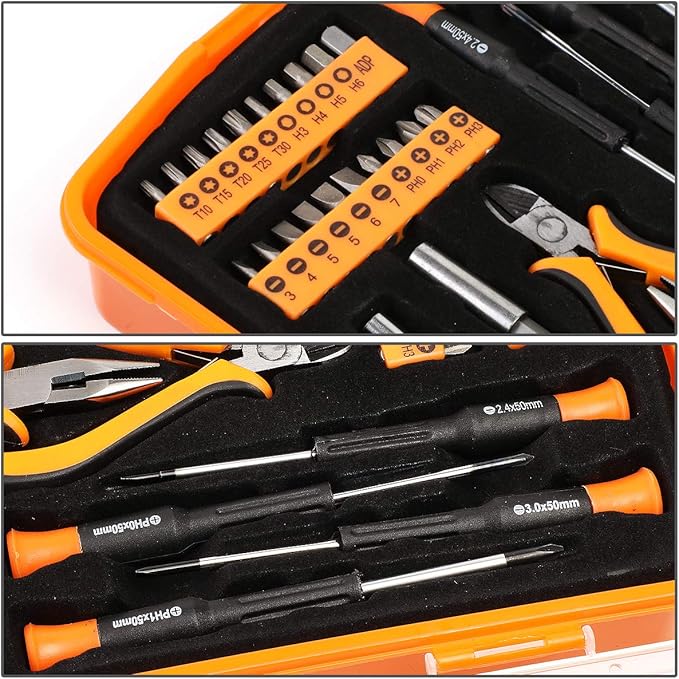 DNA MOTORING 37pcs Handheld Tool & Complete Drill Bits Set, Home Repair Tool Set, Screwdriver, Pliers, Ratchet Bit Driver kit, Maintenance Tools kit, Orange/Black, TOOLS-00035