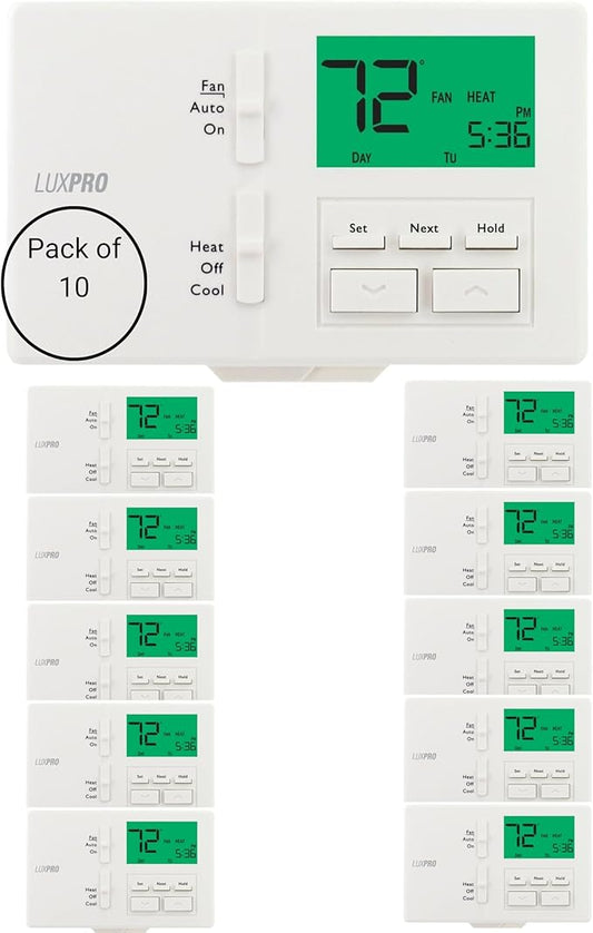 Lux Pro Non Programmable Thermostat for Home; Backlight Digital Energy Saving Thermostat; Multi Stage Heating, AC Systems; Easy DIY, P111, 10 Pack, Batteries Included