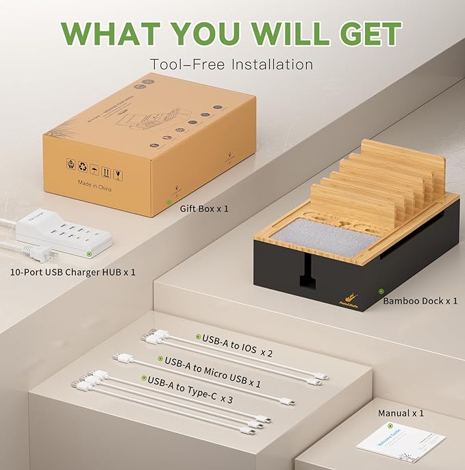 Pezin & Hulin Bamboo Charging Station for Multiple Devices, USB Charger Dock Organizer, with Power Supply (10 Ports HUB), 6 Cables, Cable Management Organizer for Cell Phones, Tablets -Natural+Black