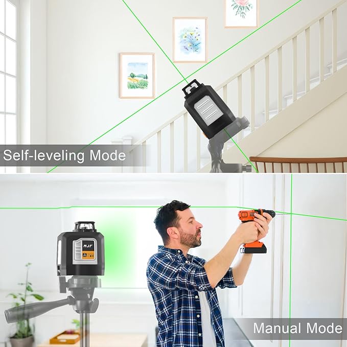 MJF 360° Laser Level, Green Self Leveling Cross Line Laser Tool with 4 Brightness Adjustment for Floor Tile Wall Construction, L-Bracket, Batteries & Carry Bag Included