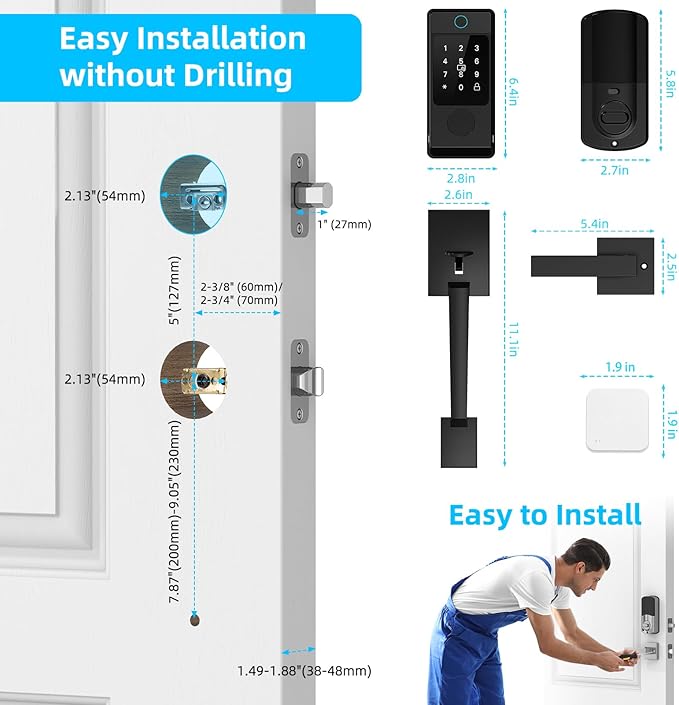 Smart Door Lock with Handle, Miuedo Keyless Entry Lock Deadbolt Handle Set, Inclued WiFi Gateway Smart Deadbolt for Front, Fingerprint, Keypad Code, App Control, Voice Control(Black)
