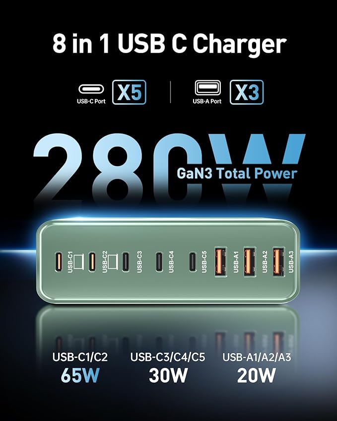 280W USB C Charger Block, 8-Port USB C Charging Station GaN III PD 65W Laptop Charger Adapter Compatible with MacBookPro/Air,DELL,iPad,Portable Charging Station for iPhone,Samsung Galaxy(Green)